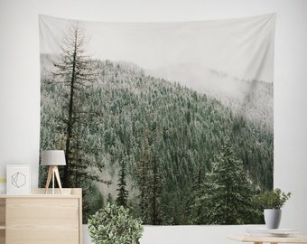 Snowy Mountain Top Wall Tapestry, Forest Wall Hanging, Wilderness Adventure Wall Art, Winter Forested Mountains, Pine Cedar Washington