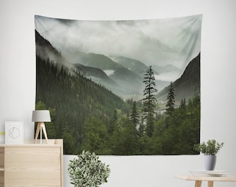 Mountain Wall Tapestry, Green Forest Epic View Nature Tapestries, Foggy Valley Bedroom Decor