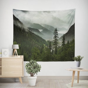 Mountain Wall Tapestry, Green Forest Epic View Nature Tapestries, Foggy Valley Bedroom Decor image 1