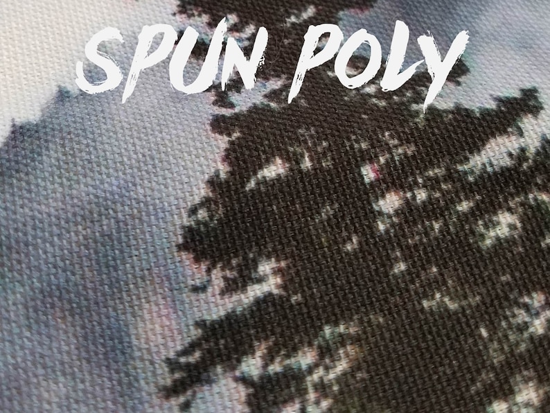 May include: Close-up of a fabric texture with the words "SPUN POLY" printed in white on a dark background.