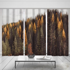 Autumn Forest Curtain Set of 3, 150x84 inches - Pine Trees Semi-Transparent Sheer or Blackout Curtains, Tamarack, Larch, Lodge Theme