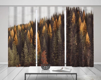 Autumn Forest Curtain Set, Pine Tree Sheer or Blackout, Lodge Theme