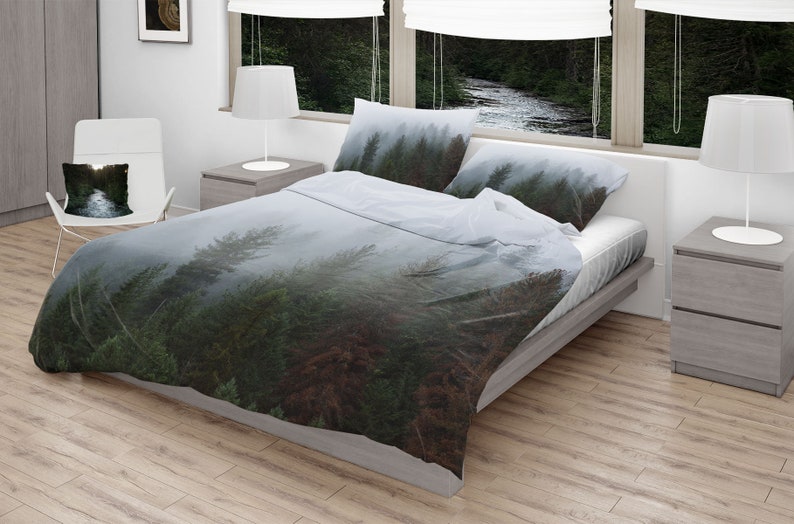 Foggy Forest Bedroom Microfiber Duvet Cover Modern King Bed Image 0