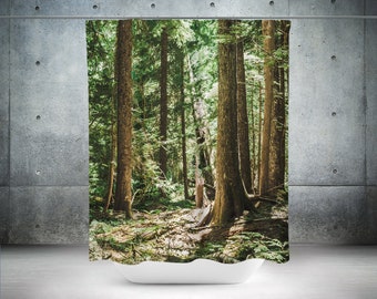 Cedar Forest Shower Curtain, 71x74 inch - Nature Bathroom Decor, Sunlit Trees, Modern Escapism