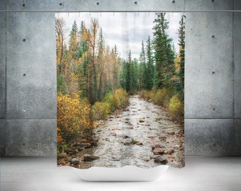 Autumn River Shower Curtain, Fall Forest Print (71x74 Inch)