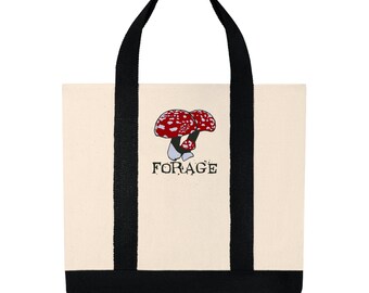 Forage for Mushrooms Shopping Tote, Embroidered Cotton Reusable Grocery Bag
