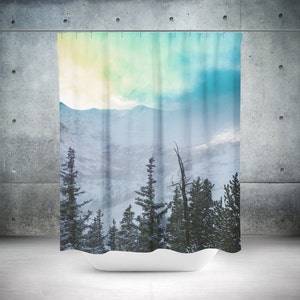 Colorful Mountain Shower Curtain, 71x74 inch - Colorado Nature Decor, Rainbow Bathroom, Scenic Bathtub, Pine Trees Winter Theme