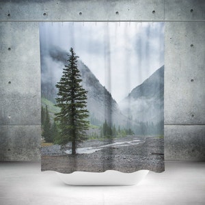 Pine Tree Shower Curtain, 71in x 74in Nature Decor, Misty Mountains, Colorado Bathroom image 1