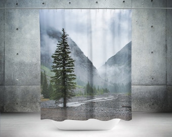 Pine Tree Shower Curtain, 71in x 74in Nature Decor, Misty Mountains, Colorado Bathroom