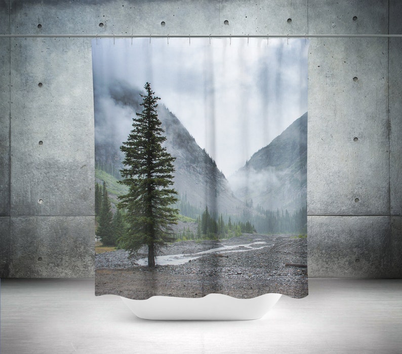 Pine Tree Shower Curtain, 71in x 74in Nature Decor, Misty Mountains, Colorado Bathroom image 1