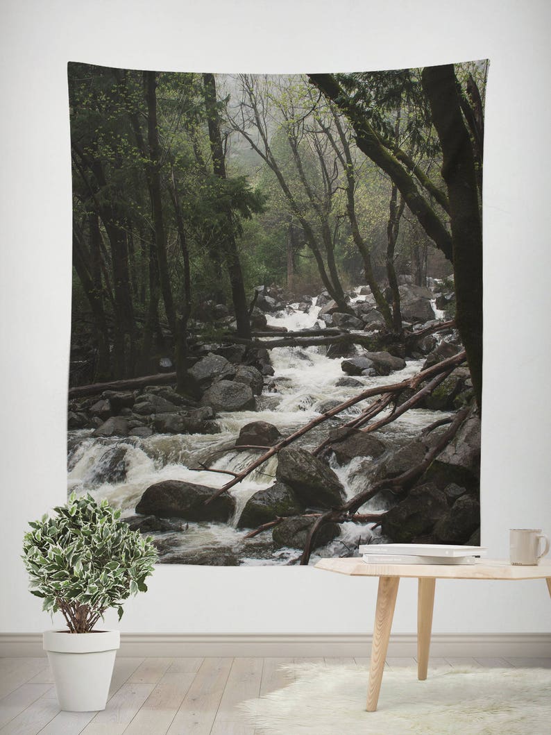 Nature Wall Tapestry California Forest Foggy Mountain Theme Home Yosemite Mountains River Stream