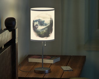 Grey Wolf Foggy Mountains Table Lamp on a Stand