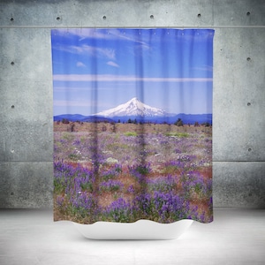Mountain Shower Curtain, 71x74 inch - Mt Hood Oregon Nature Bathroom, Purple Wildflowers, Pacific Northwest