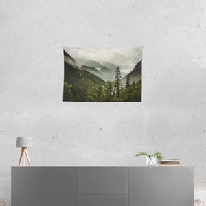 Mountain Wall Tapestry, Green Forest Epic View Nature Tapestries, Foggy Valley Bedroom Decor image 4