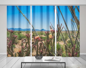 Desert Set of 3 Window Curtains, 150x84 inch total -  Flowering Cactus, Semi-Transparent Sheer or Blackout Curtains, Southwest Decor