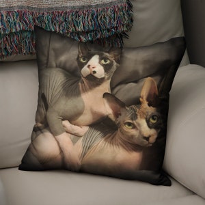 May include: Two hairless cats, one with a white patch on its face, are cuddling on a gray pillow. The cats have green eyes and are looking at the camera.