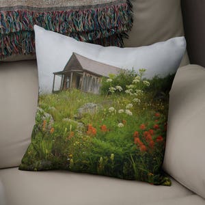 Wildflowers and Cabin Throw Pillow - Alpine Colorado Rustic Couch Cushions, Silverton, Durango, Large Throw