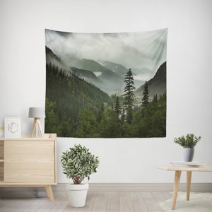 Mountain Wall Tapestry, Green Forest Epic View Nature Tapestries, Foggy Valley Bedroom Decor image 2