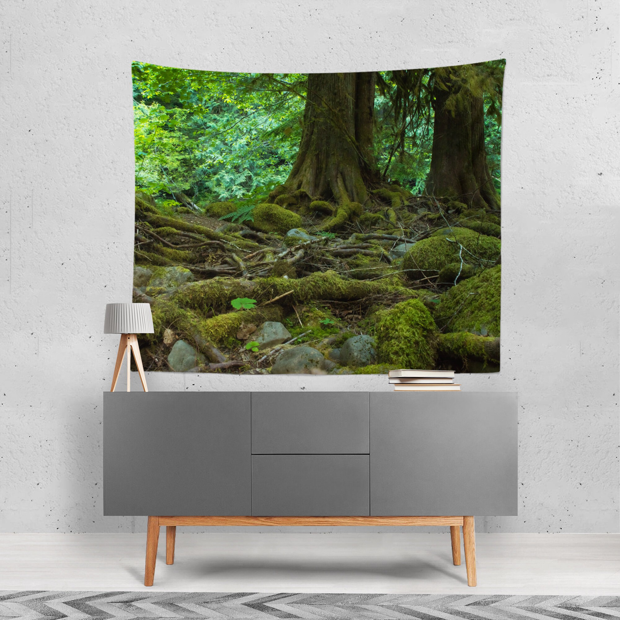 Wandbehang Regenwald von Oregon, bemooste Waldszene, Baumwurzeln, Zeder, pazifischer Nordwesten, grüner Wandbehang, friedliches Schlafzimmer Dekor