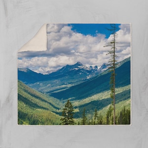 Canadian Rocky Mountains Sherpa Throw Blanket, Forest Theme, Vegan Fleece - Two Sizes
