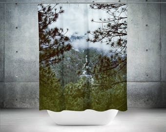 Forest Waterfall Shower Curtain, 71x74 inch - Nature Bathroom, Yosemite Northern California, Mountain Scene