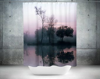 Sunrise Lake Shower Curtain, Trees Reflection, Pink Louisiana Bathroom Decor
