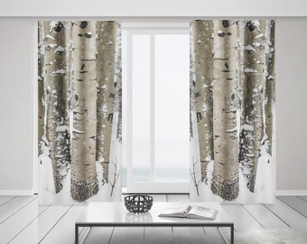 Winter Window Curtains, Snowy Aspen Forest, Sheer or Blackout, 50x84 inches, Nature Themed Home, Christmas Decor