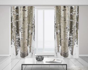 Snowy Aspen Forest Curtains, Winter Nature Home Decor, Sheer or Blackout