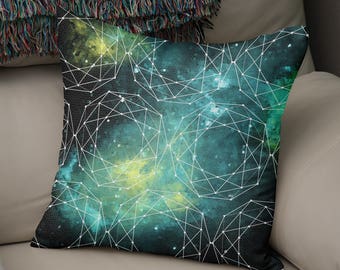 Outer Space Throw Pillow - Geometric , Nebula Pillow, Large Throw Pillow, Blue Green Decor, Dorm Pillows