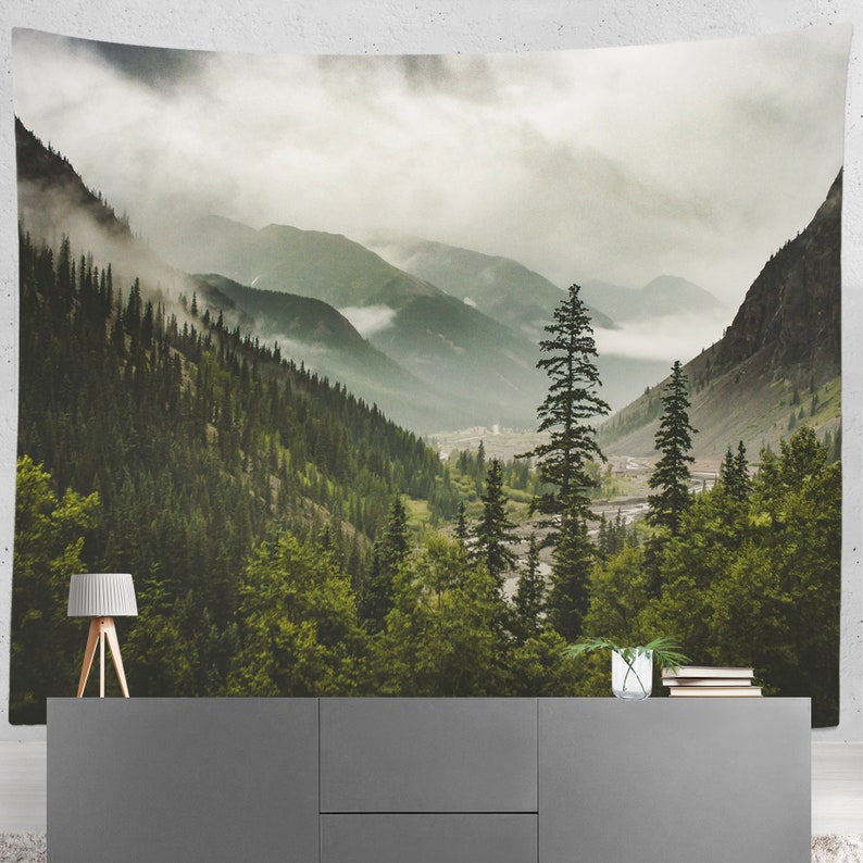 Mountain Wall Tapestry, Green Forest Epic View Nature Tapestries, Foggy Valley Bedroom Decor image 3