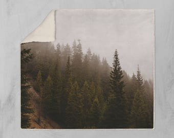 Foggy Forest Sherpa Throw Blanket, Mountain Theme Vegan Fleece - Two Sizes