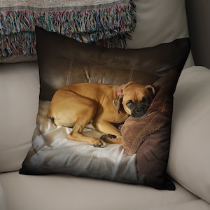 May include: A brown and white boxer dog is lying on a brown and white pillow. The dog is looking at the camera with a sad expression.