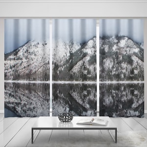 Mountain Lake Window Curtain Set of 3, 150x84 inches - Semi-Transparent Sheer or Blackout Curtains, Foggy Snowy Forest, Lodge Theme