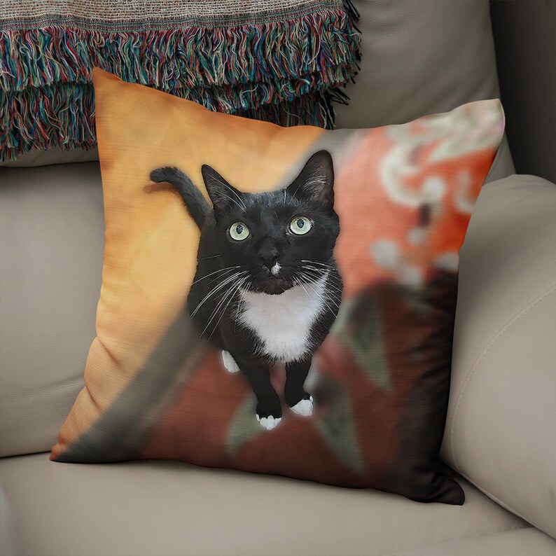 May include: A black and white cat with green eyes looks directly at the camera. The cat is sitting on a colorful, abstract background. The background is a mix of orange, red, and yellow.
