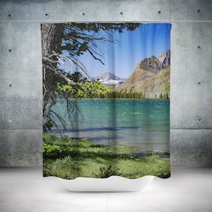 Blue Glacial Lake Nature Shower Curtain, 71x74 inch, Montana Mountain Decor, Glacier National Park, Scenic Art, Forested Bathroom Theme