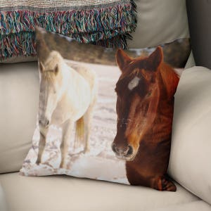 Horses in Snow Throw Pillow - Couch Cushion Case, Girl&#39;s Bedroom, Rustic Pillow, Draft Horses, Winter Equine Lover