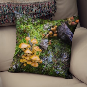 Tiny Fungi Family Throw Pillow - Woodland Scene , Pacific Northwest Nature, Washington, Mushroom Decor, Fairy Forest, Moss
