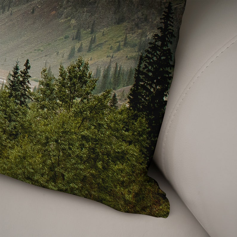 May include: A throw pillow with a scenic image of a lush green forest with tall trees and a mountain in the background.