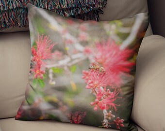 Mother's Day Gift Pink Flowers and Bee Throw Pillow, Gift for Mom, Nature Cushions, Lumbar Pillow, Bottle Brush Flower, Botanical Gardens