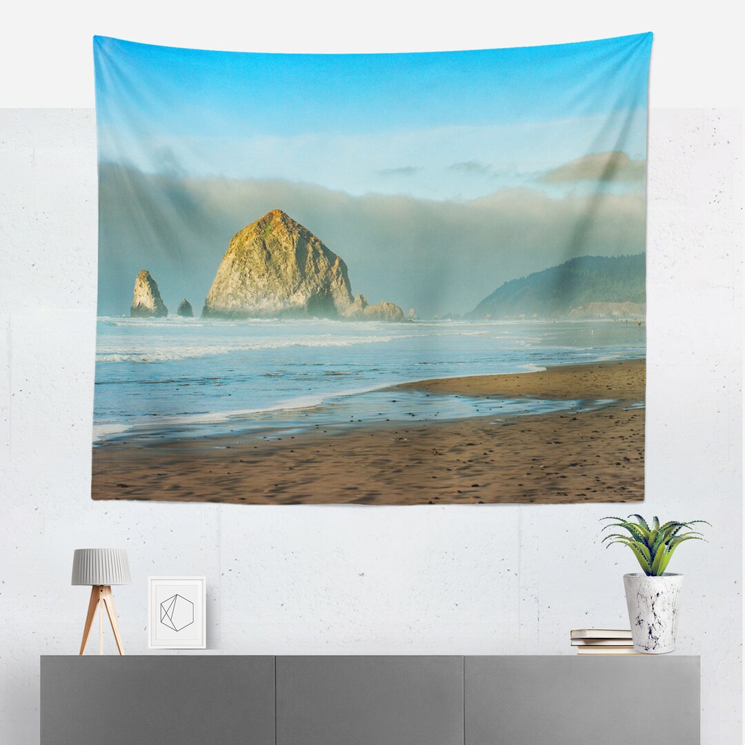 Oregon Coast Wall Tapestry, Cannon Beach Decor, Haystack Rock Oregon Wall Art, Pacific Ocean 