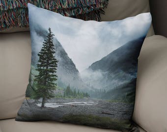 Foggy Mountain Pine Tree Pillow – Colorado Rocky Landscape Decor