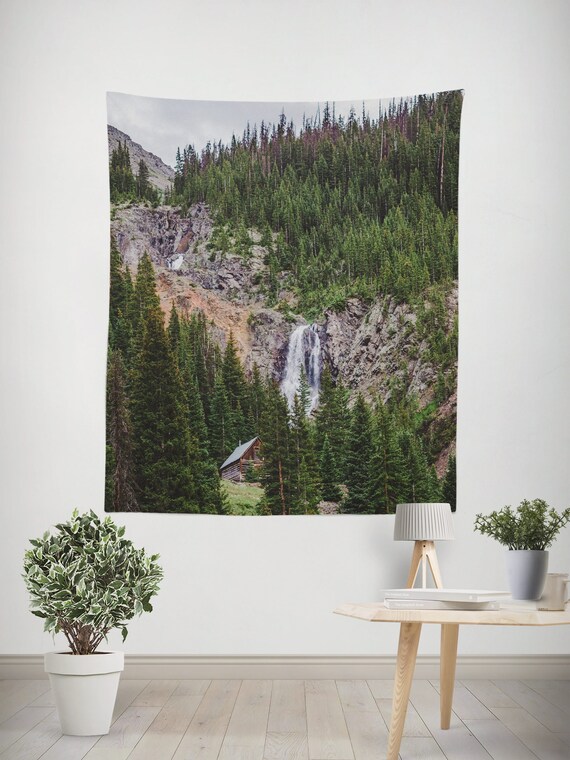Cabin and Waterfall Tapestry, Colorado Mountain Decor, Scenic Landscape, Large Wall Art, Rustic Cabin Decor