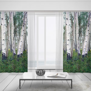 Lush White Birch Trees Window Curtains, Sheer or Blackout, 50x84 inches, Nature Themed Home, Green Aspen Forest