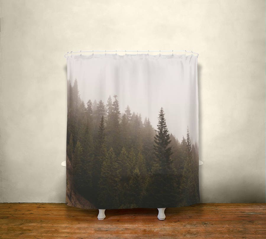 Rideau de Douche Foggy Pine Trees, 71x74 Pouces - Salle Bain Brumeuse, Minimaliste, Rideau Moderne, 