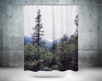 Rainy Forest Shower Curtain, 71x74 inch - Nature Bathroom Decor, Yosemite Northern California, Mountain Scene, Foggy, Cloudy Trees
