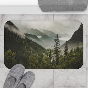 Mountain Microfiber Bath Mat, Memory Foam Kitchen Rug, Nature Themed Bathroom Decor, Forest Adventure Bathrooms, Plush Bathroom Rug