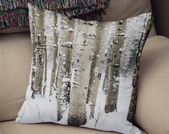 Snowy Birch Trees Throw Pillow Cover, Winter Forest Decor