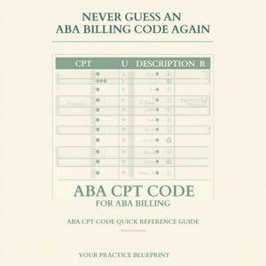 May include: A cream-colored guide with the text "NEVER GUESS AN ABA BILLING CODE AGAIN." The guide includes a table with columns labeled "CPT," "U," and "DESCRIPTION R." Below the table, the text reads "ABA CPT CODE FOR ABA BILLING."