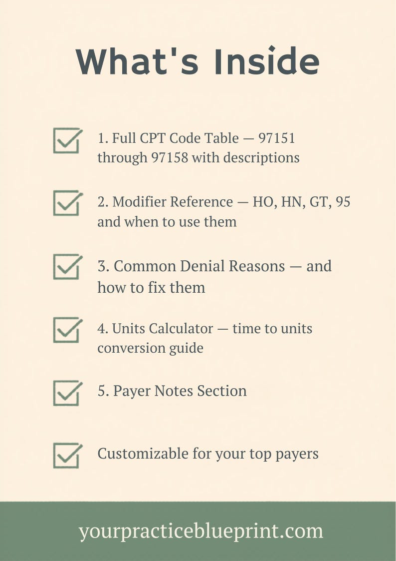 Aba Code Conversion Chart ABA Billing CPT Code Cheat Sheet | 97151-97158 Codes, Modifiers (PDF ...