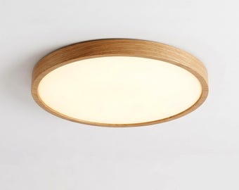 Minimalist Wood Ceiling Light | Round LED Flush Mount Light | Solid Oak Wood